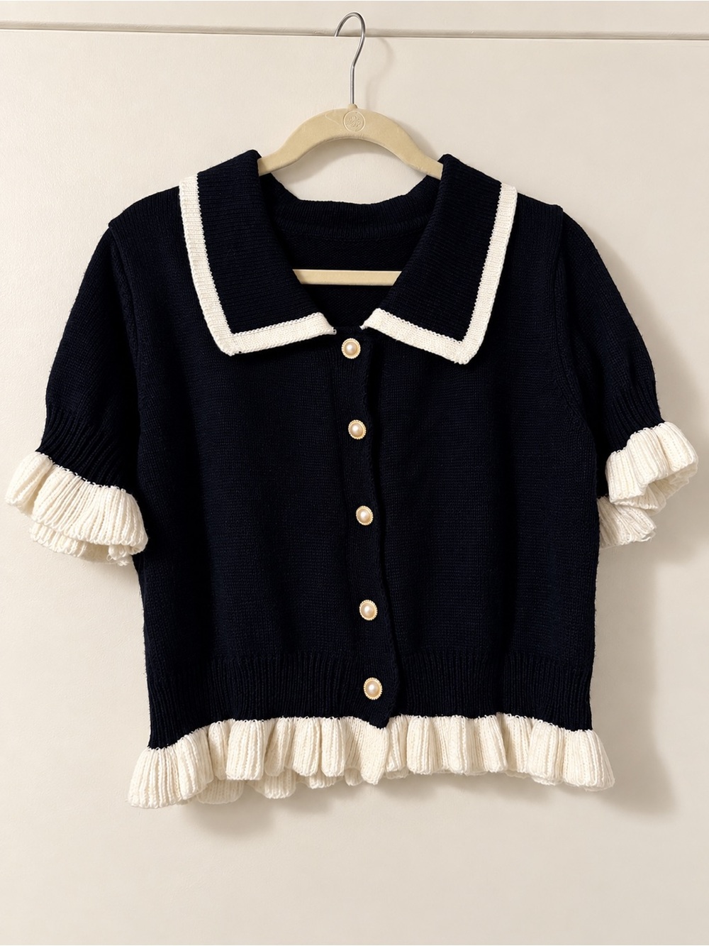 SHEIN Curve 1XL Black & Cream Ruffle Knit Cardigan Pearl Button Preppy Top